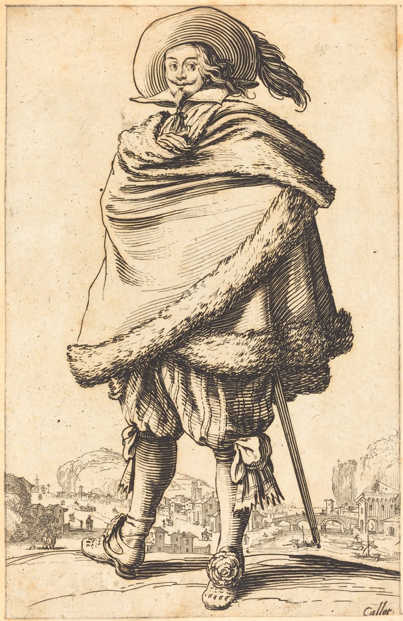 Adel man fastspänd i en mantel trimmad med päls av Jacques Callot