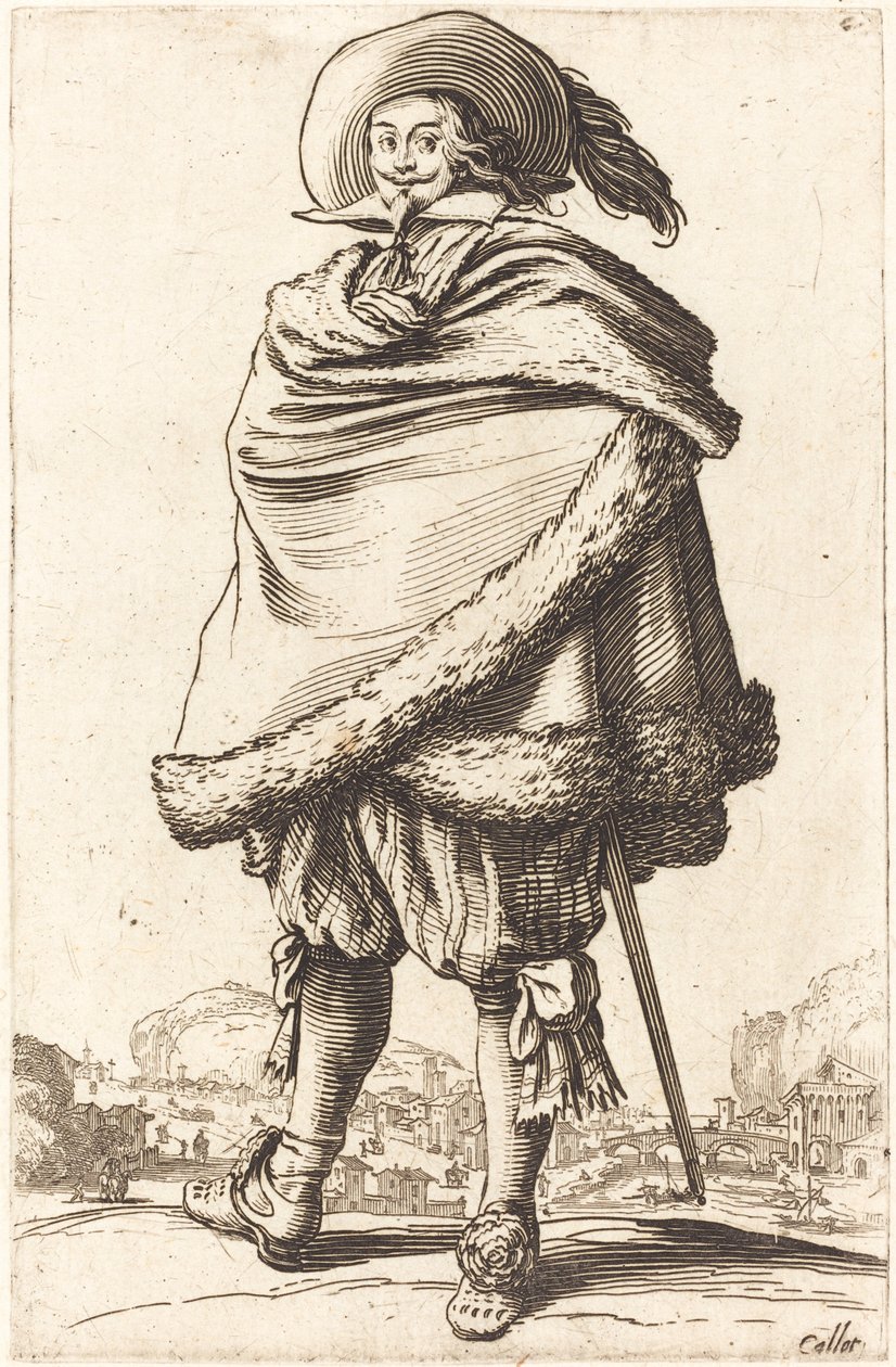 Noble Man insvept i en mantel trimmad med päls av Jacques Callot