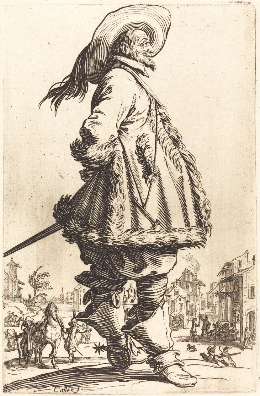 Adel man med mantel trimmad i päls, håller händerna bakom ryggen, ca. 16201623. av Jacques Callot