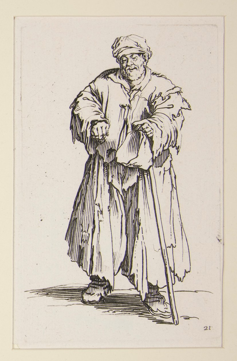 Överviktig man med sänkta ögon, från tiggarna (Le mendiant obese aux yeux baisses) av Jacques Callot