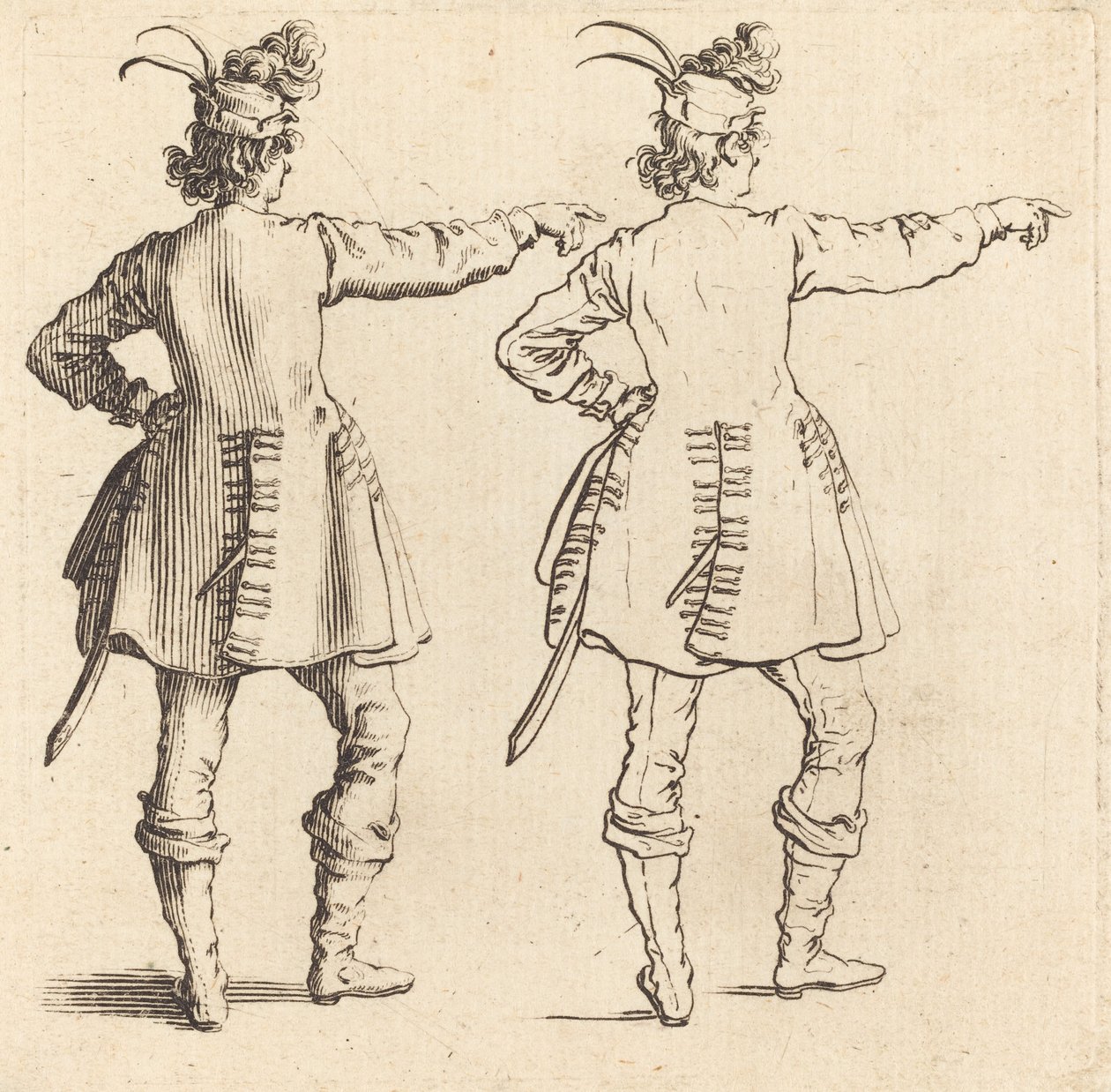 Officer med fjädrar i mössa, sedd bakifrån av Jacques Callot