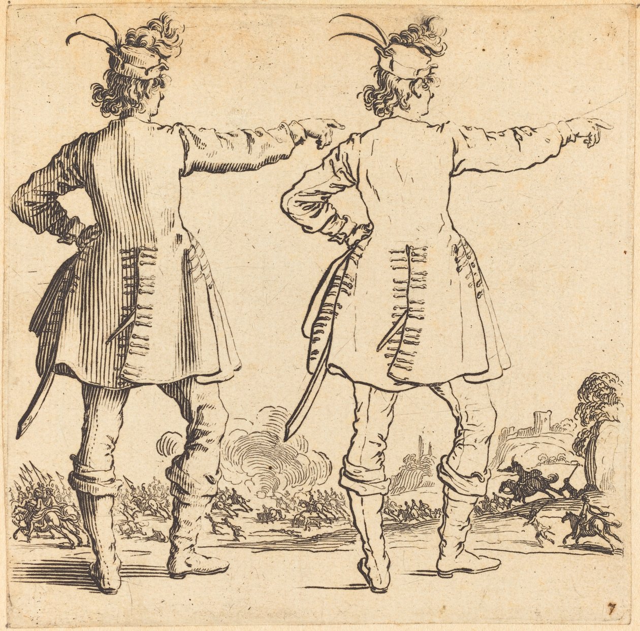 Officer med fjädrar i mössa, sedd bakifrån, 1617 och 1621. av Jacques Callot