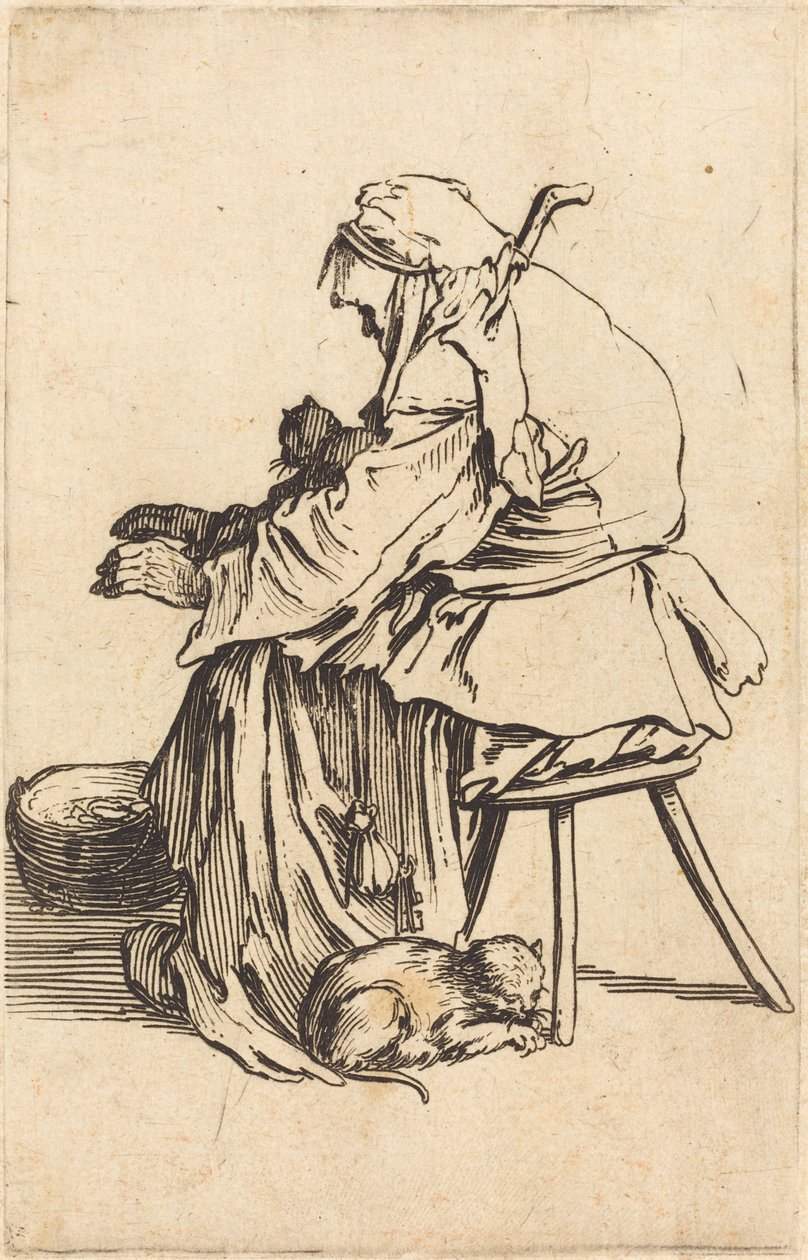 Gammal kvinna med katter av Jacques Callot