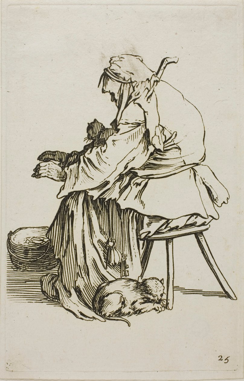 Old Woman with Cats, tallrik 25 från The Beggars av Jacques Callot
