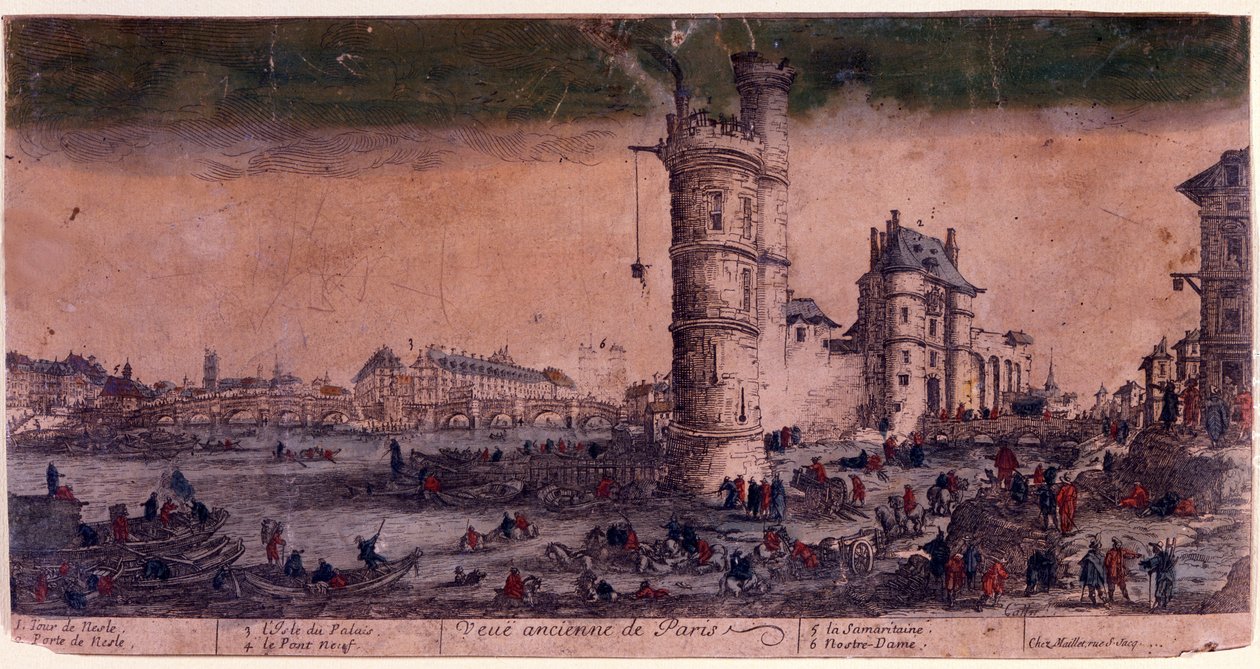 Paris, Ile de la Cite, Le Pont Neuf och tornet i Nesle Gravyr av Jacques Callot. . av Jacques Callot