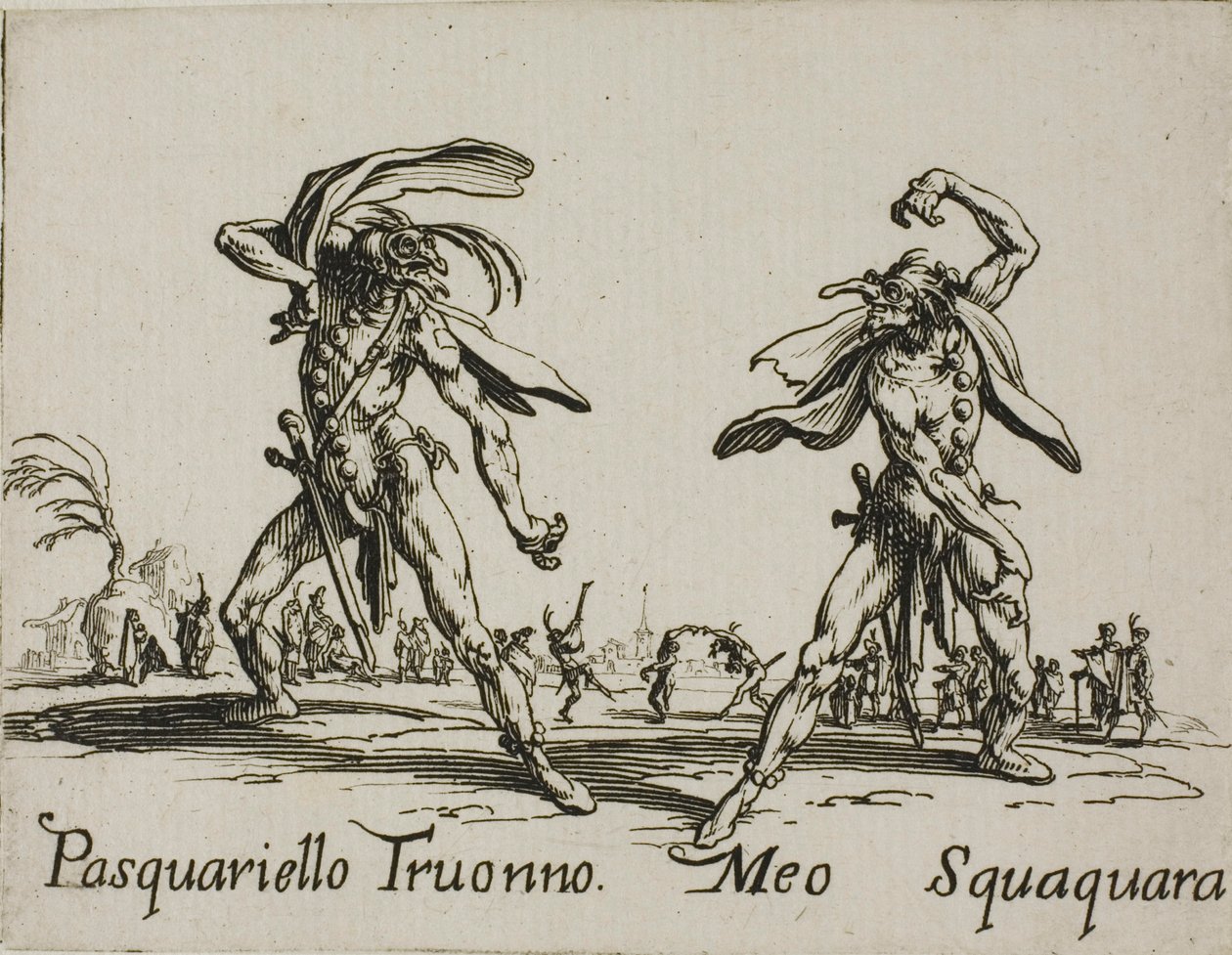 Pasquariello Truonno - Meo Squaquara, platta 20 från Balli di Sfessania av Jacques Callot