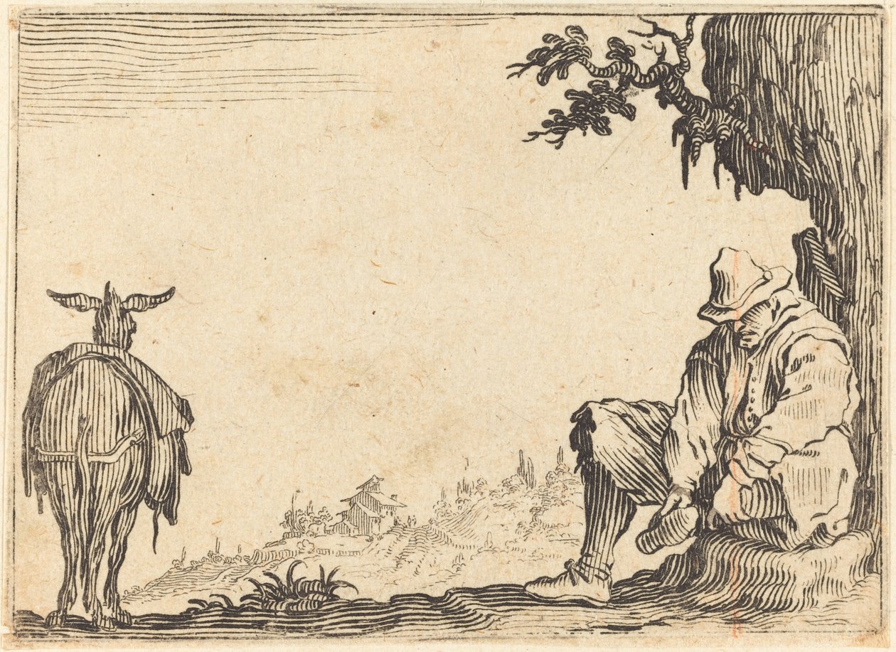 Bonde som tar av sig sin sko, ca. 1622. av Jacques Callot