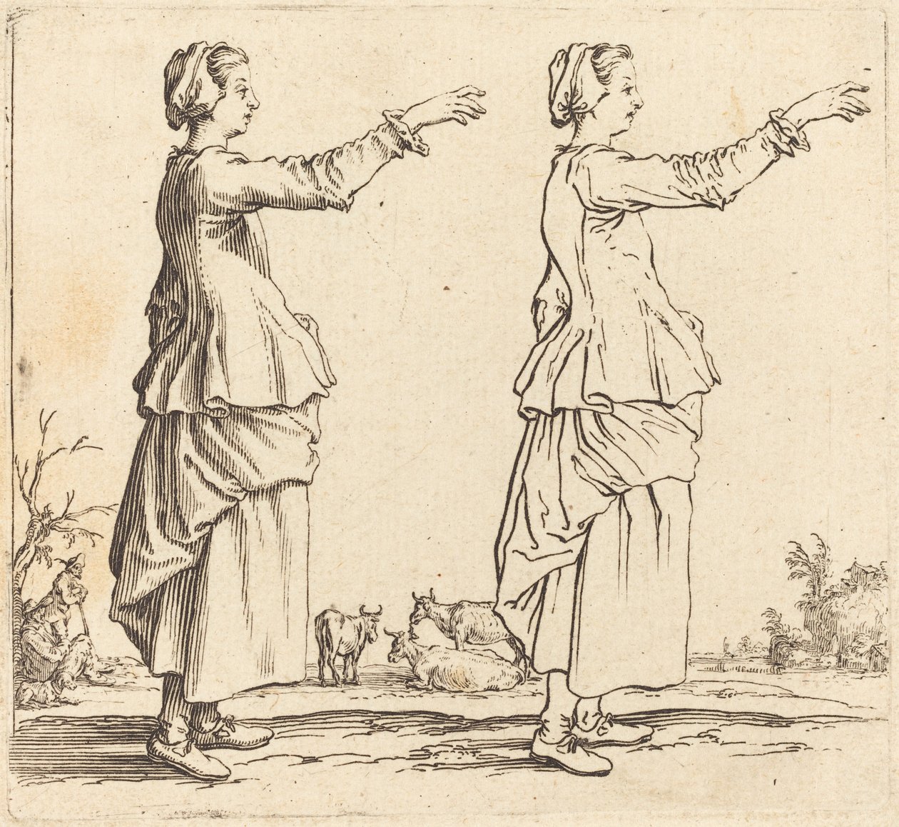 Bondkvinna, i profil, vänd åt höger, med utsträckt arm av Jacques Callot