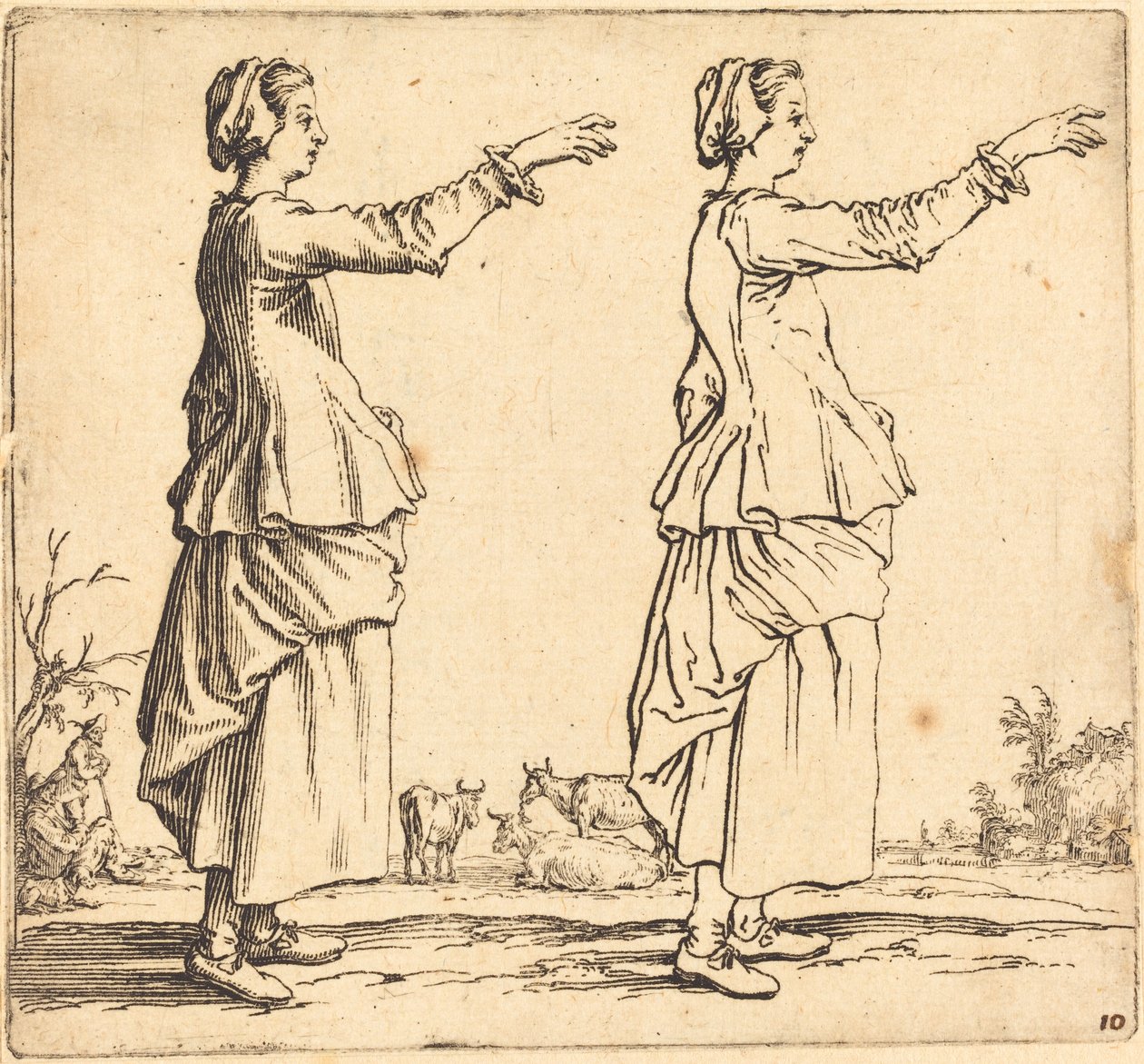 Bondekvinna, i profil, vänd åt höger, med utsträckt arm, 1617 och 1621. av Jacques Callot