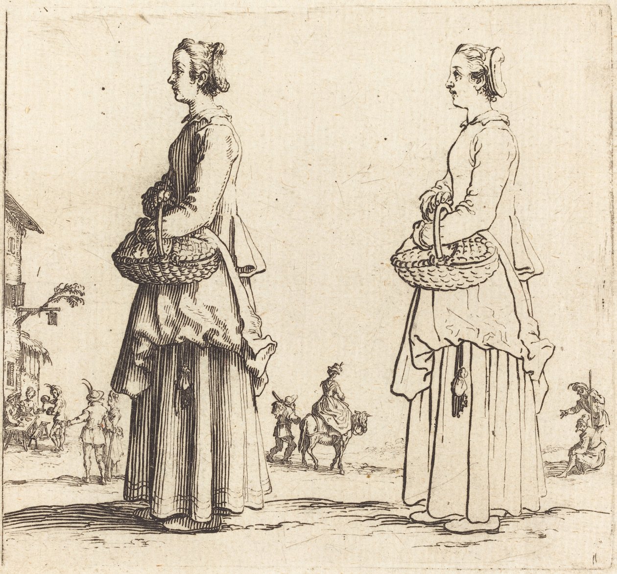 Bondkvinna med korg, i profil, vänd åt vänster, 1617 och 1621. av Jacques Callot
