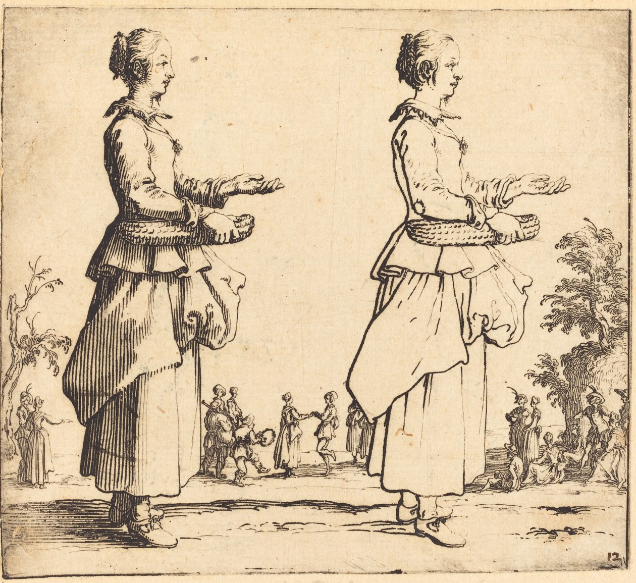 Bondkvinna med korg, i profil, högervänd, 1617 och 1621. av Jacques Callot