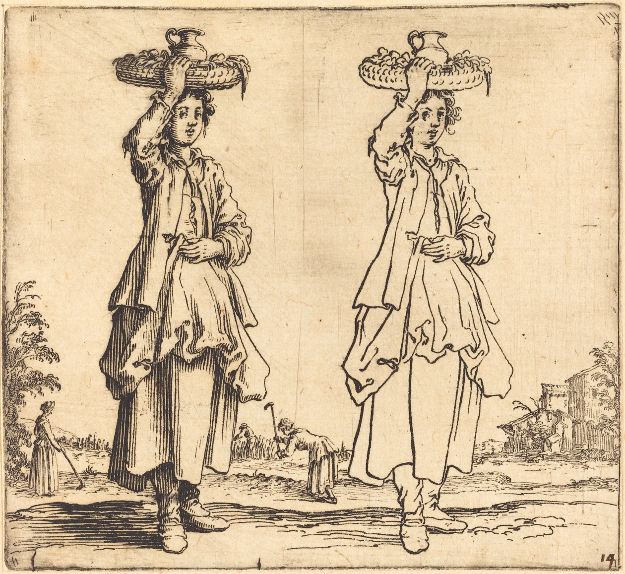Bondekvinna med korg på huvudet, framifrån av Jacques Callot