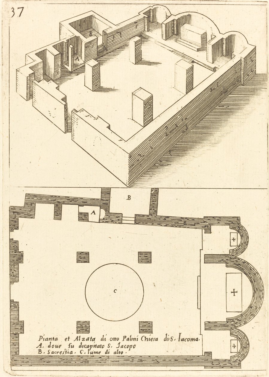 Plan och höjd av kyrkan S. Iacoma av Jacques Callot