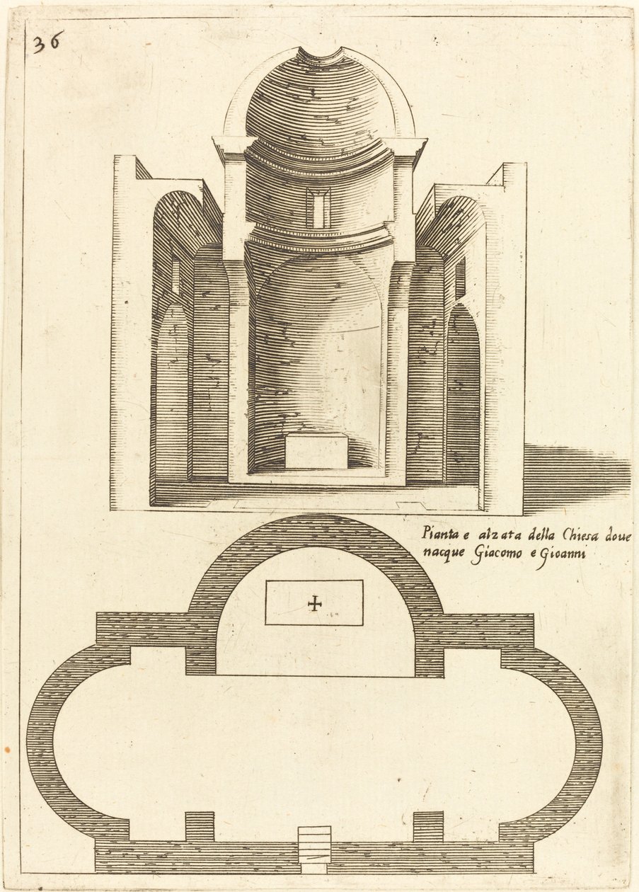Plan och höjd av kyrkan av de heliga Jakob och Johannes, 1619. av Jacques Callot