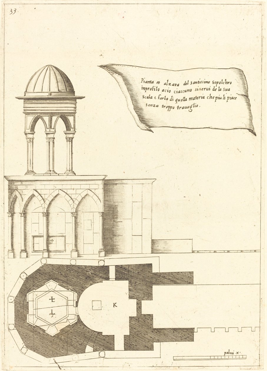 Plan och höjd av Heliga gravens kyrka av Jacques Callot