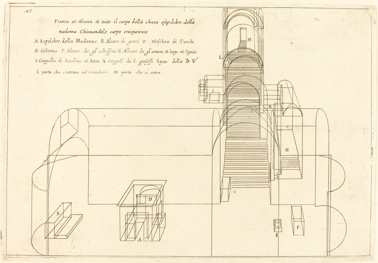 Plan och höjd av kyrkan Madonnas grav av Jacques Callot