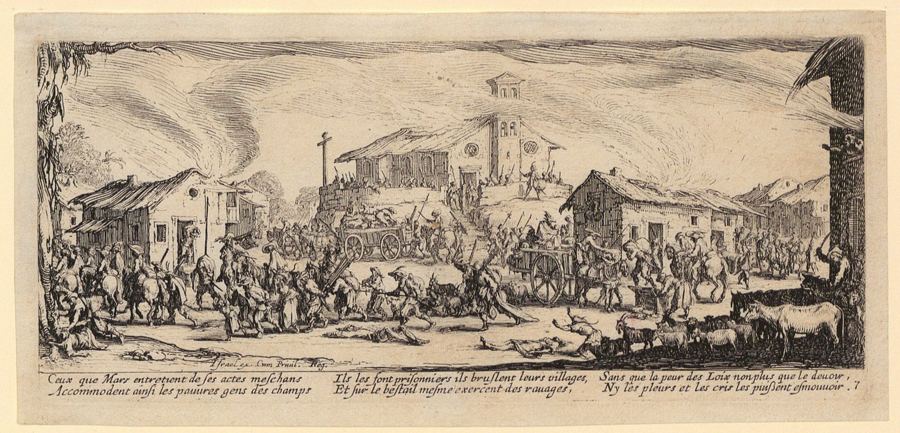Plundringen och nedbränningen av en by, blad 7 ur serien ”Krigens fasor” av Jacques Callot