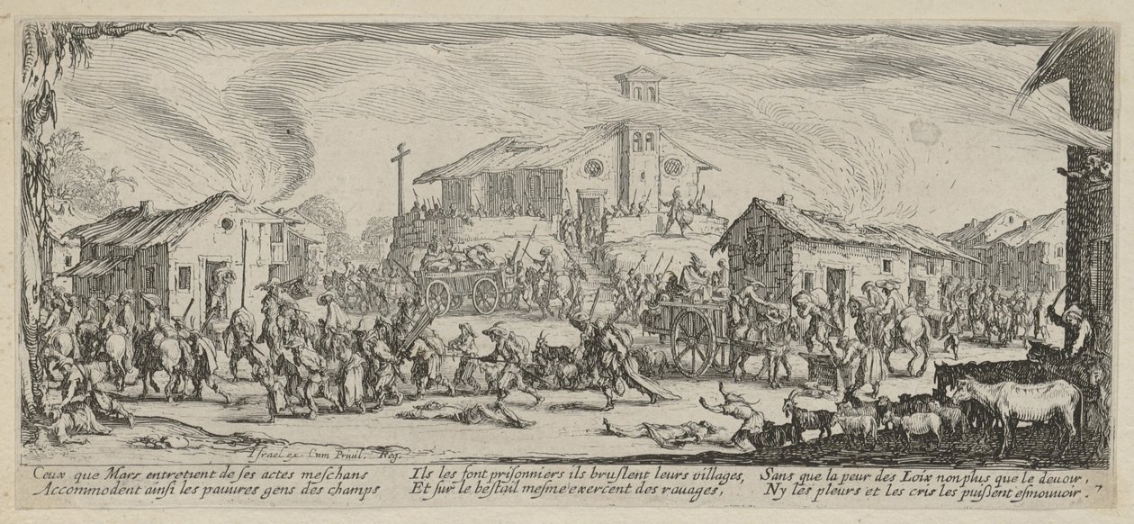 Plundring och nedbränning av en by, blad 7 i serien ”Krigets fasor” av Jacques Callot