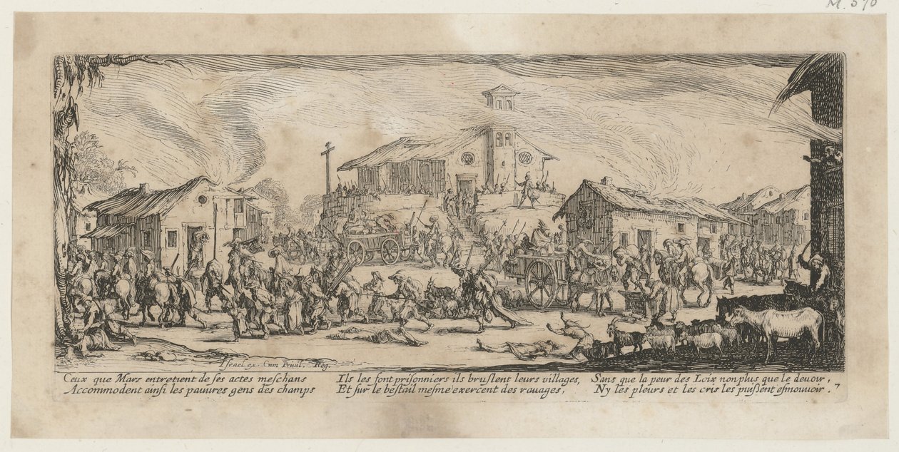 Plundring och nedbränning av en by, blad 7 i serien "Krigets fasor" av Jacques Callot