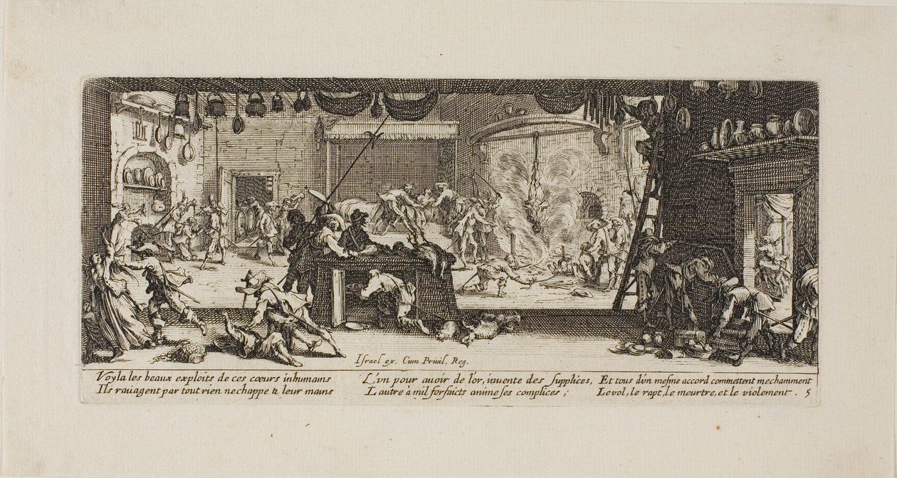 Plundring av en stor bondgård, plansch fem från Krigets elände av Jacques Callot