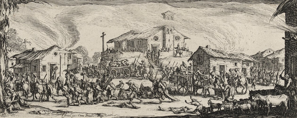 Plundra och bränna en by, 1633 (etsning på lagt papper) av Jacques Callot