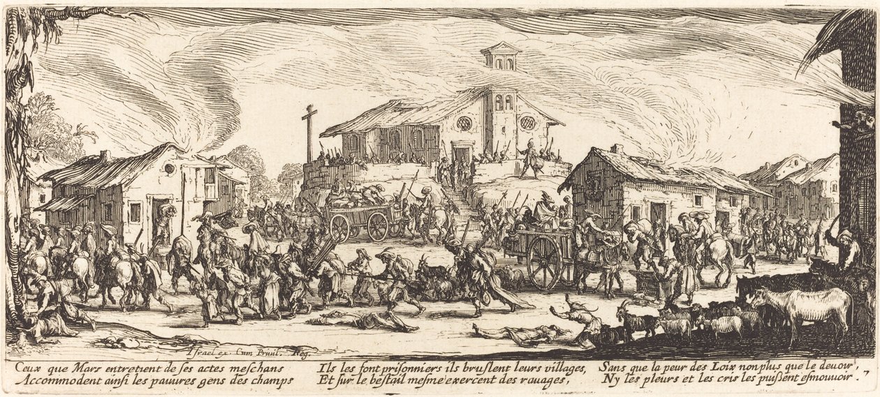 Plundra och bränna en by, c. 1633. av Jacques Callot