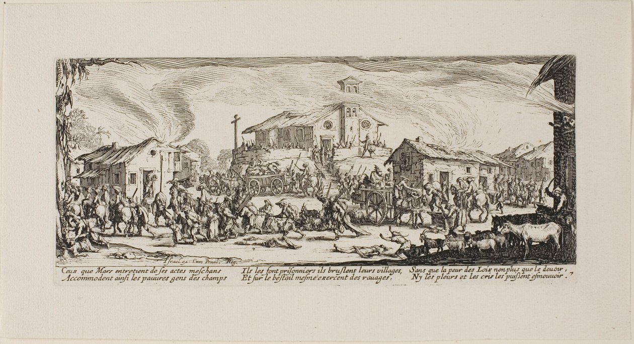 Plundering and Burning a Village, tallrik sju från The Miseries of War av Jacques Callot