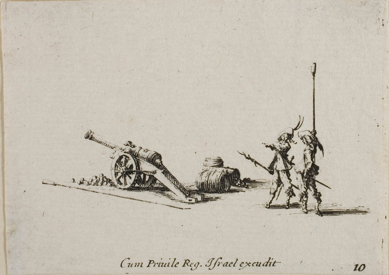 Förbereder sig för att avfyra kanonen, plåt tio från The Military Exercises av Jacques Callot