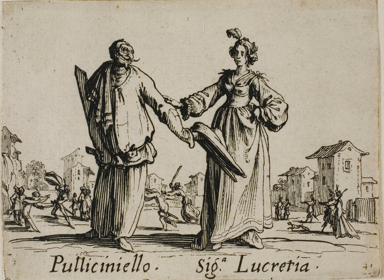 Pulliciniello - Signora Lucretia, plansch 9 från Balli di Sfessania av Jacques Callot