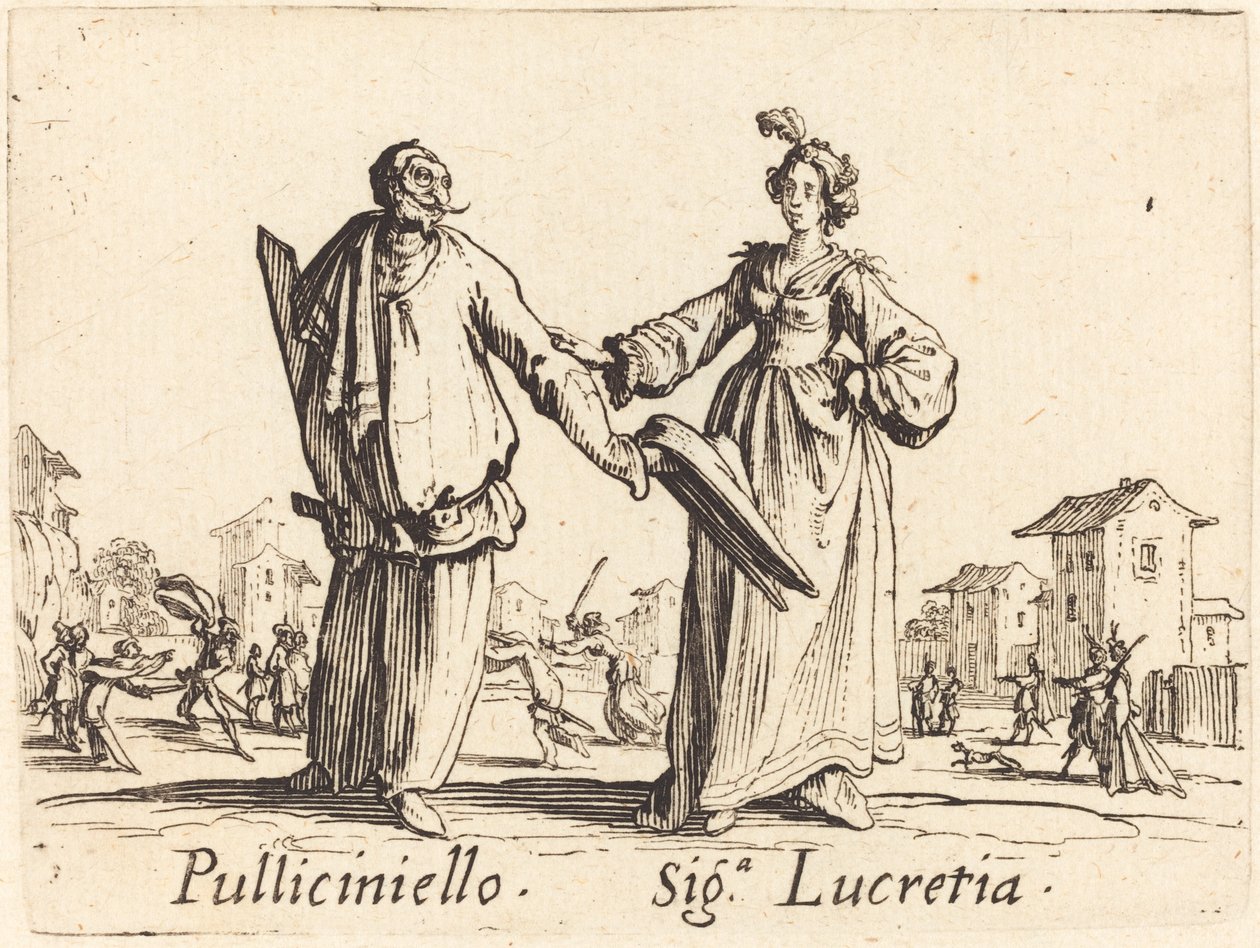 Pulliciniello och Siga. Lucretia av Jacques Callot