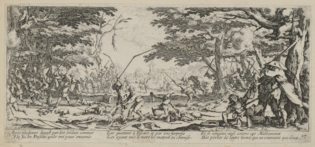 Böndernas hämnd, sidan 17 i serien ”Krigets fasor” av Jacques Callot