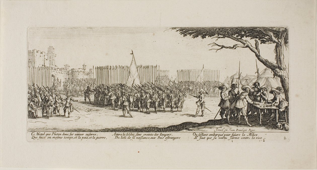 Rekrytering av trupper, skylt två från The Miseries of War av Jacques Callot