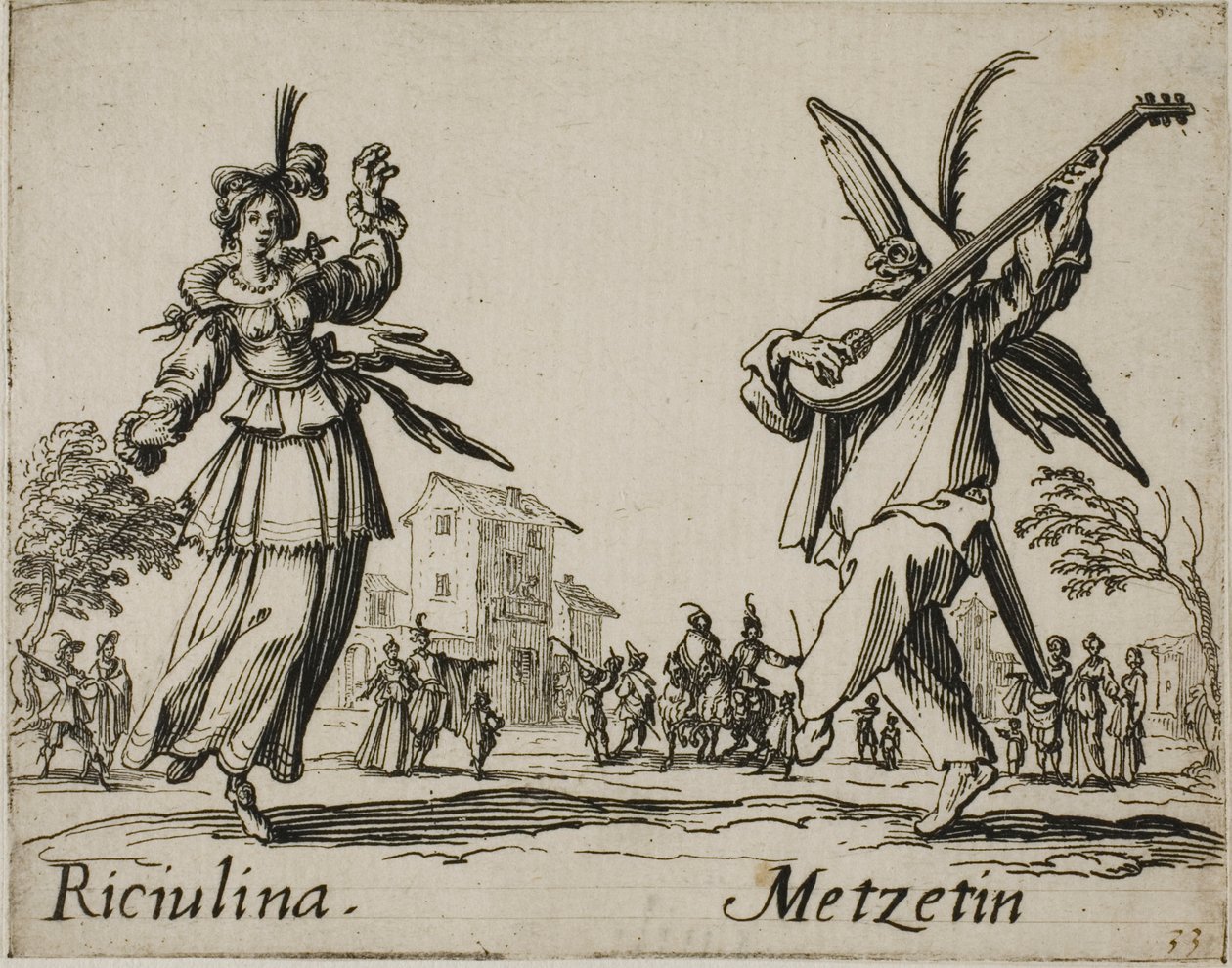 Riciulina - Metzetin, plansch 8 från Balli di Sfessania av Jacques Callot