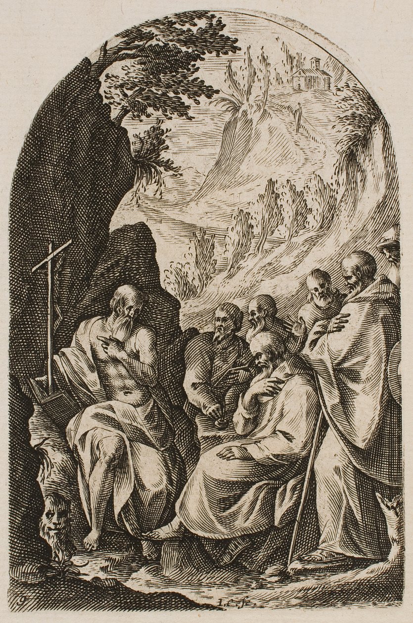 Sankt Hieronymus undervisar sina lärjungar i öknen, ur serien "Bilder från Rom" av Jacques Callot
