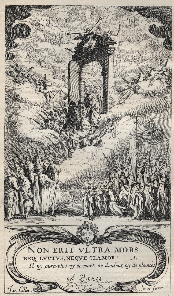 Heliga och helgon som skyndar vid paradisets dörr - komposition och gravyr av Jacques Callot (1592-1635) av Jacques Callot