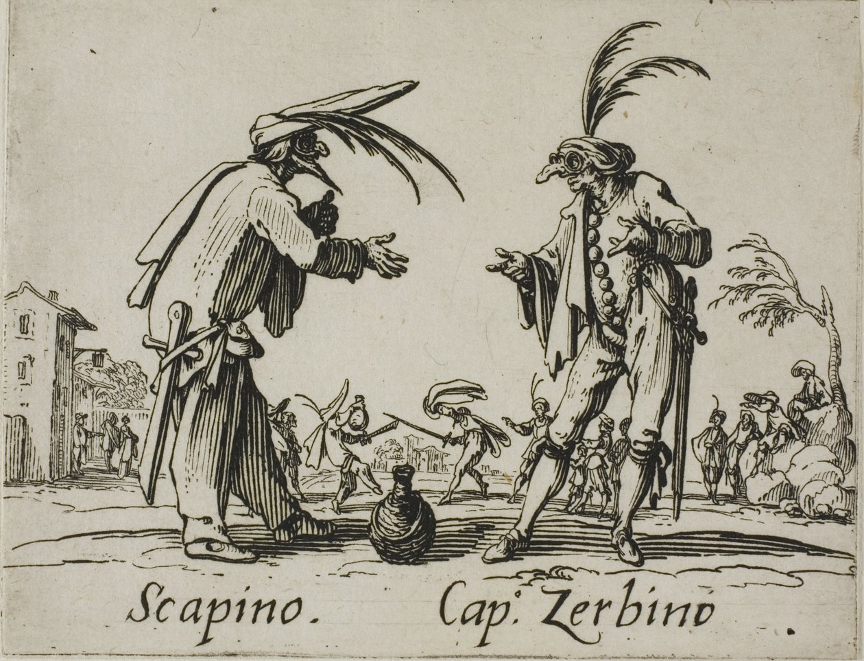 Scapino - Kapten Zerbino, plansch 12 från Balli di Sfessania av Jacques Callot