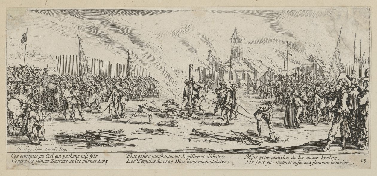 Bålet, blad 13 ur serien "Krigets fasor" av Jacques Callot