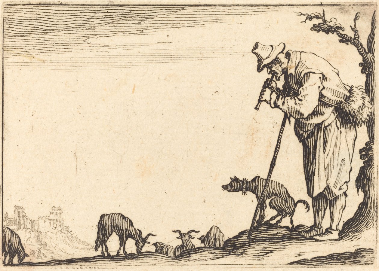 Herde som spelar flöjt av Jacques Callot