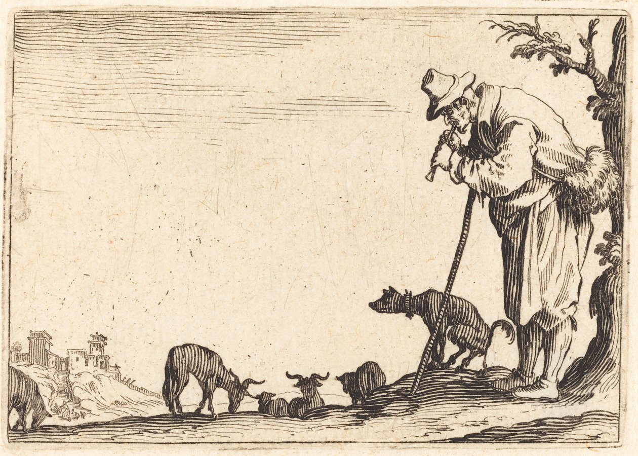 Herde som spelar flöjt av Jacques Callot