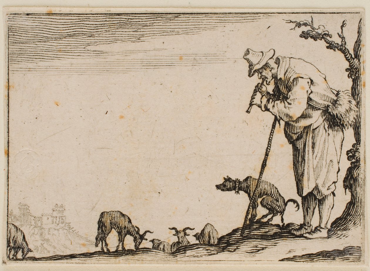 Herd som spelar flöjt, ur ”Caprices” (Florensutgåvan) av Jacques Callot