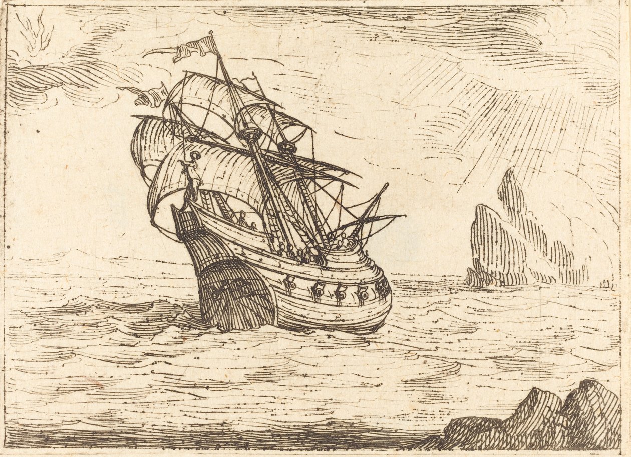 Fartyg som navigerar nära stenar. av Jacques Callot