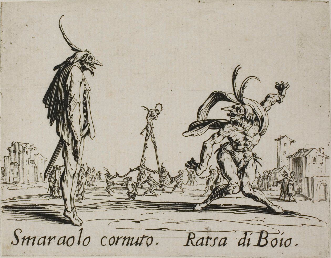 Horned Smaraolo - Bödelns Ratsa, tallrik 4 från Balli di Sfessania av Jacques Callot