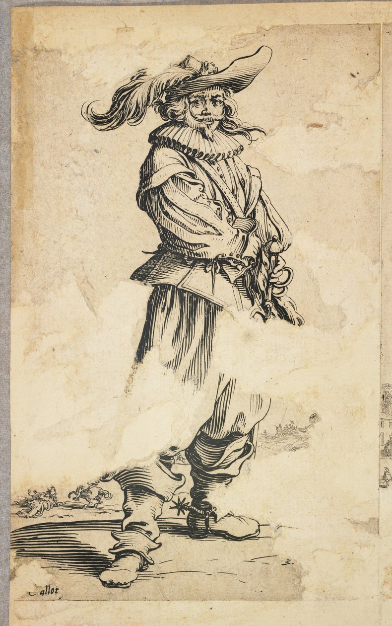 Soldat med fjäderhatt, från La Noblesse de Lorraine (verso), c.1620-23 av Jacques Callot