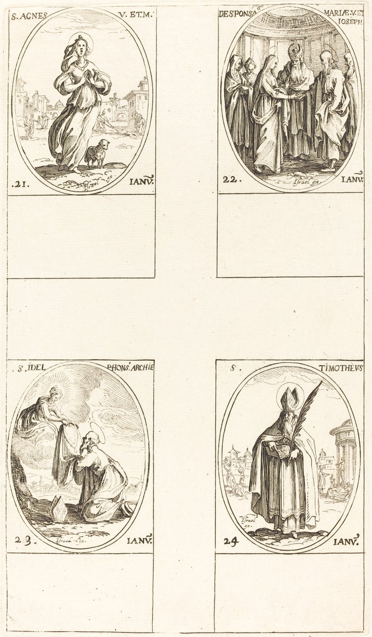 St Agnes; Jungfruns äktenskap; S:t Ildefonsus; Sankt Timoteus av Jacques Callot