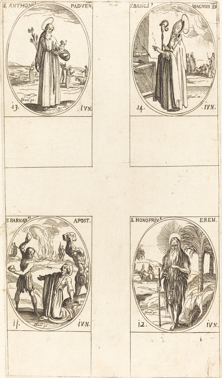 St. Barnabas, apostel; St Honofrius; Sankt Antonius av Padua; St Basil den store av Jacques Callot