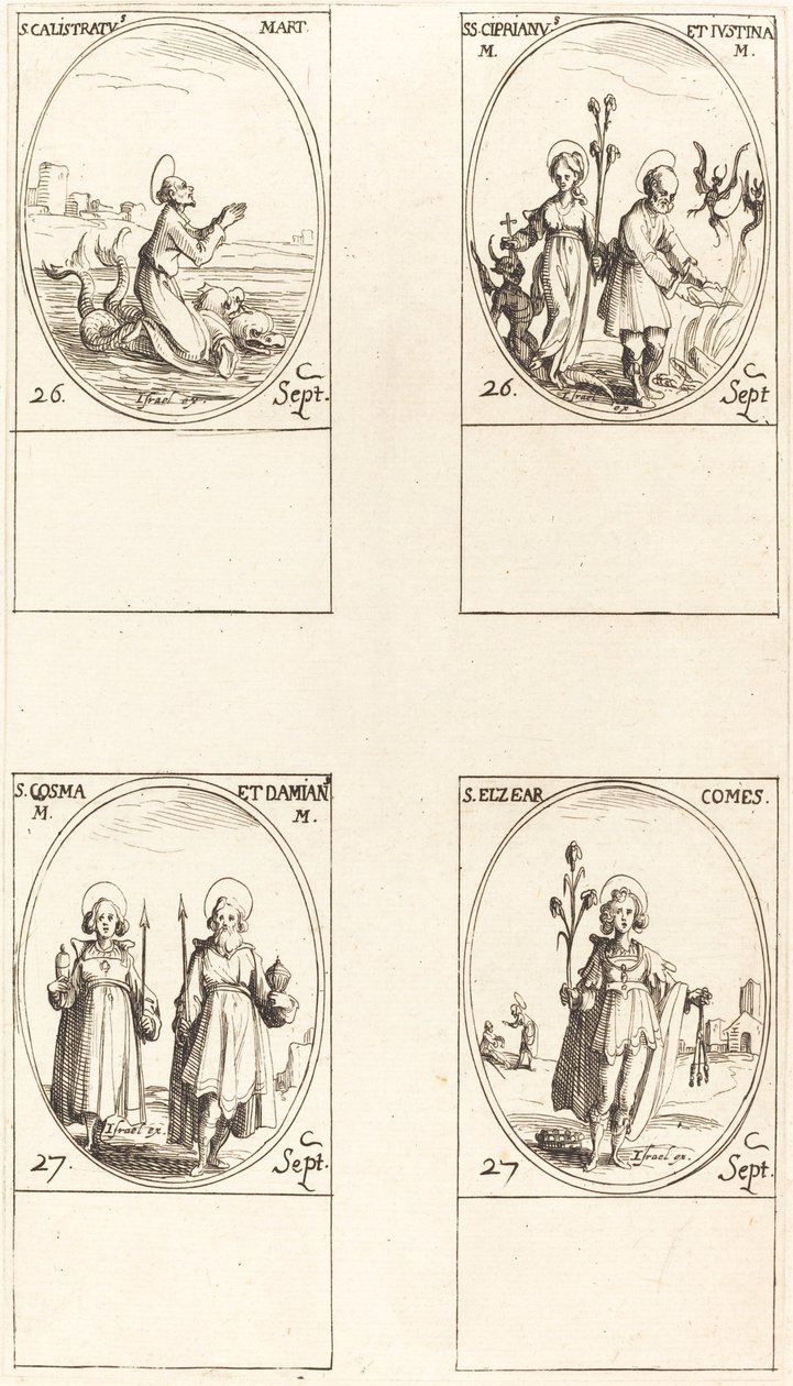 St. Calistratus; Sts. Cyprian och Justina; Sts. Comus och Damian; S:t Elzear, greve av Jacques Callot