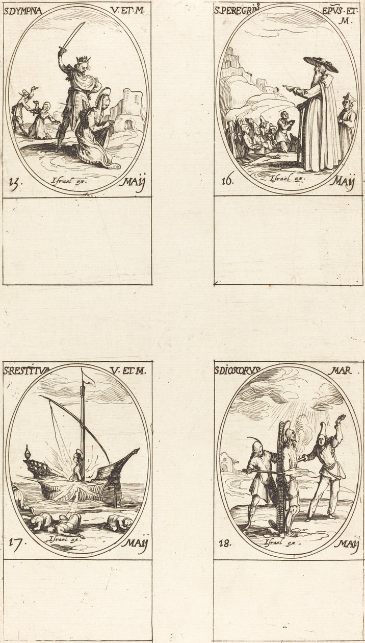 St. Dympna, St. Pilgrim, St. Restaurerad, St. Dioscorus av Jacques Callot