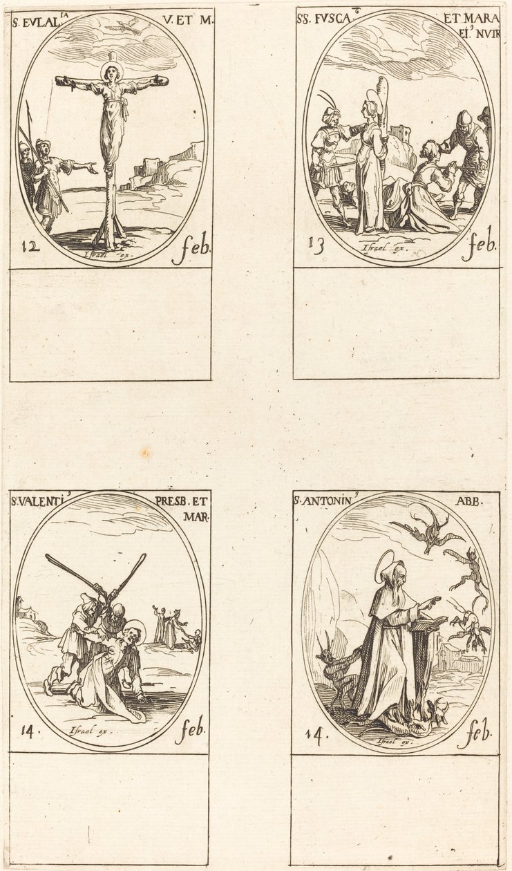 St Eulalia; St. Fusca och Maura; St Valentine; Sankt Antonius av Jacques Callot