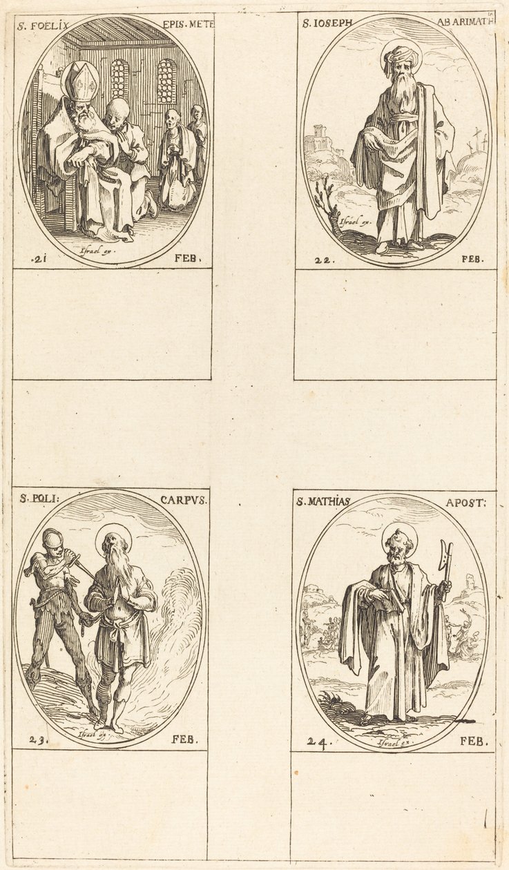 Sankt Felix; S:t Josef av Arimatea; St. Polycarpe; S:t Mattias, apostel av Jacques Callot