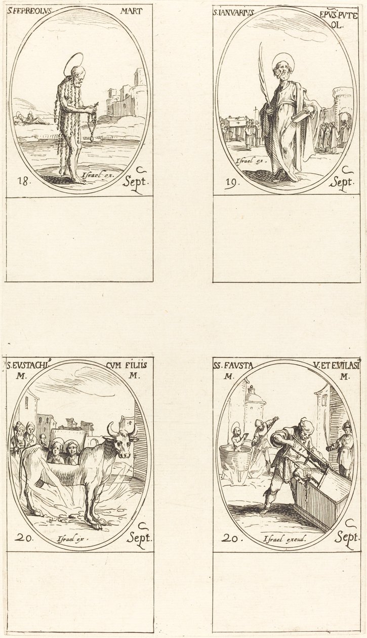 St. Ferreolus, St. Januari, St. Eustace och hans barn, Sts. Fausta & Evelasius. av Jacques Callot